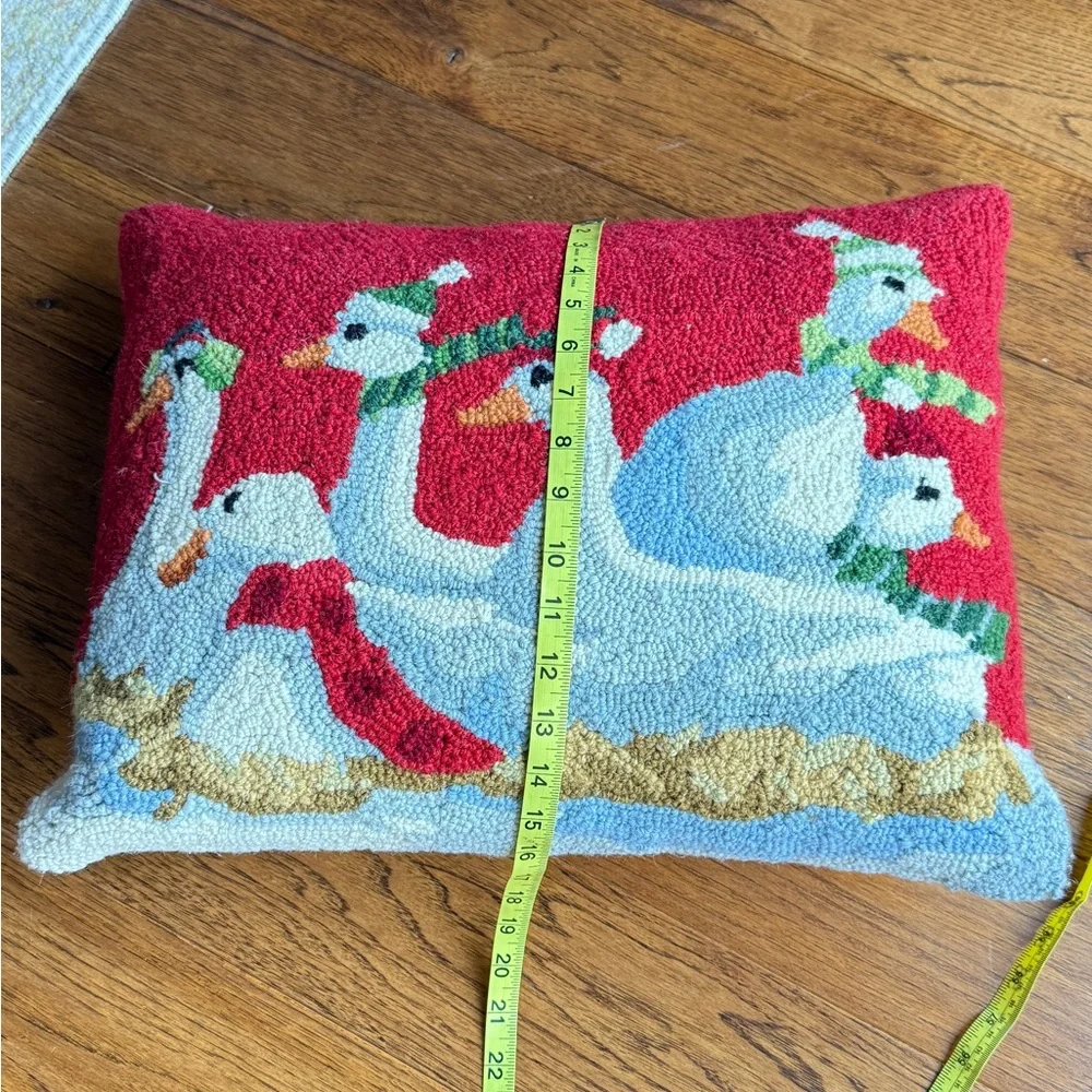 Wool Festive Goose Holiday Pillow - Red and White